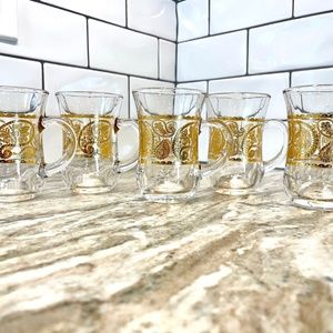 Vintage MCM Irish Coffee Hot Toddy Cocktail Clear Glass Mug Gold Paisley Set o 5